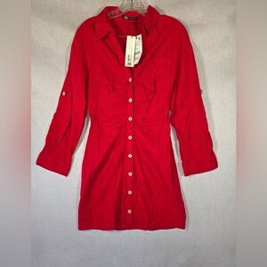 Zara | Red Linen Button Ruched Shirt Dress | M